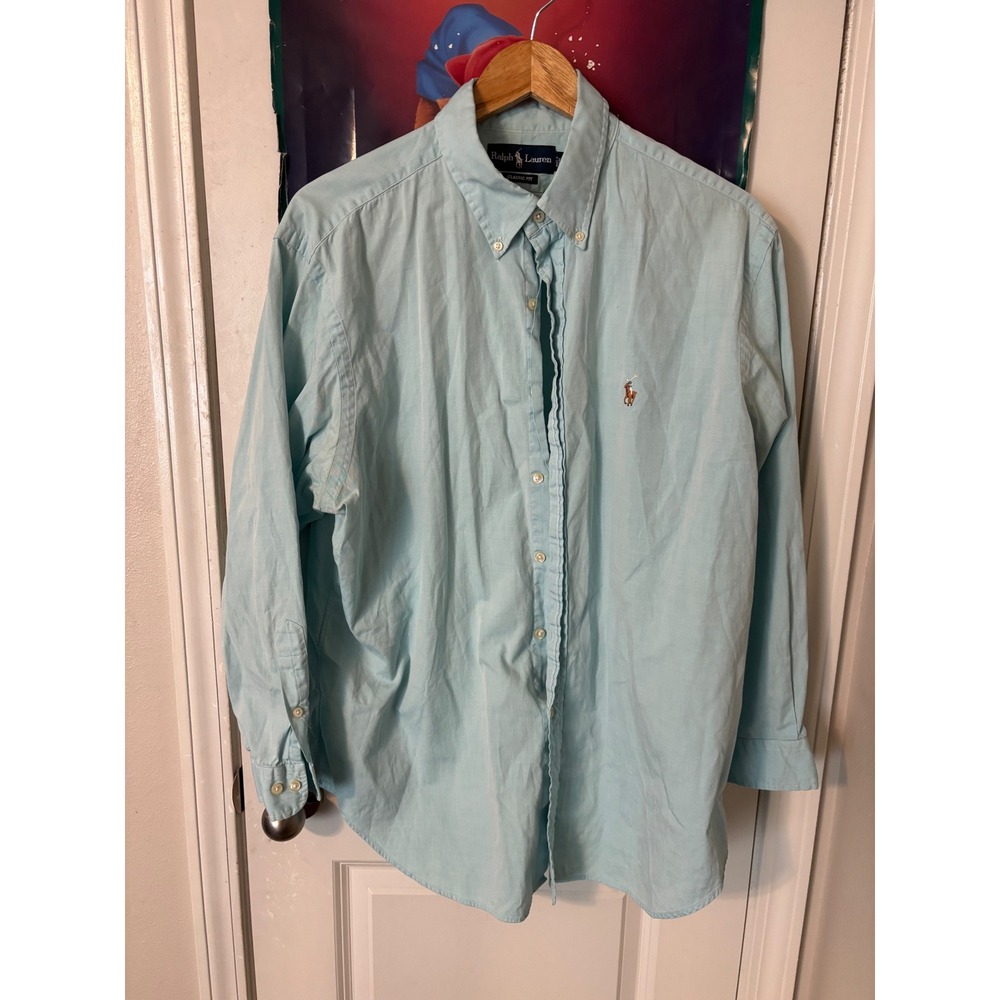 Ralph Lauren Classic Fit Button Down Shirt Mens 17 32/33 Light Blue Aqua Top
